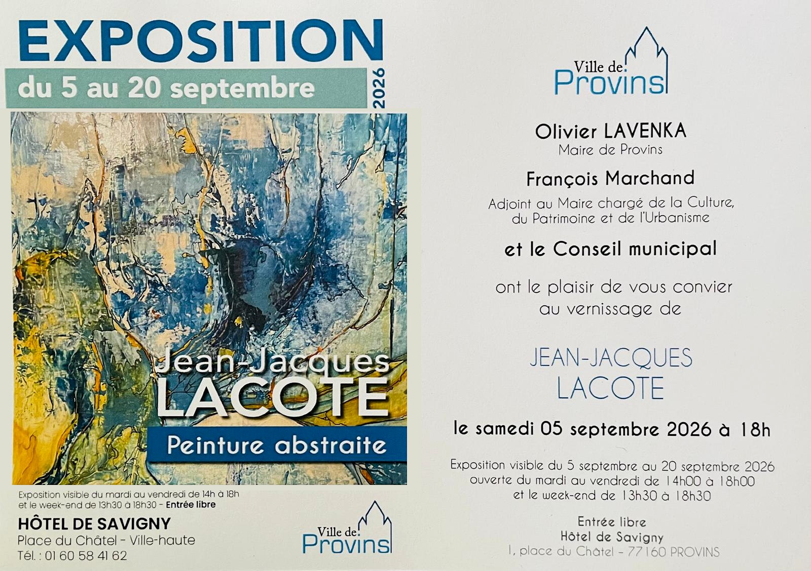 Affiche de l'exposition Jean-Jacques Lacote, Hôtel de Savigny à Provins, du 5 au 20 septembre 2026